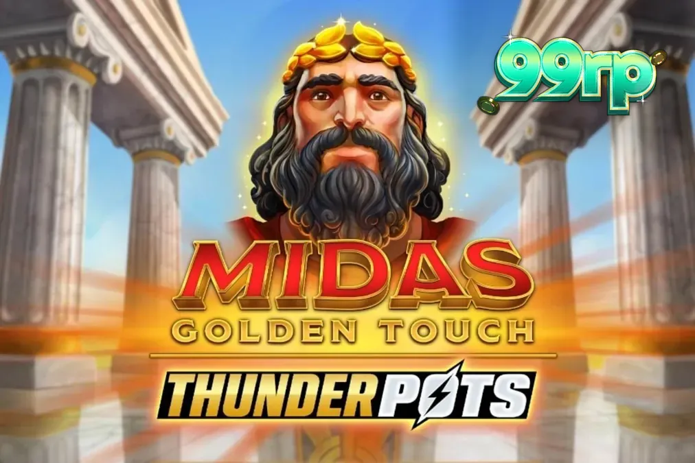Tampilan layar permainan slot Midas Golden Touch: Thunder Pots dengan tema mitologi Yunani dan peti emas.